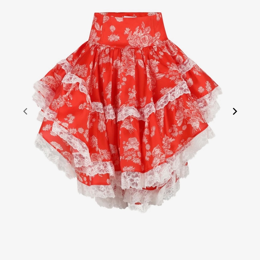 ❤️very Dior! Selkie Secret Admirer Silk Red Asymmetrical Skirt with White Lace - Picture 3 of 15